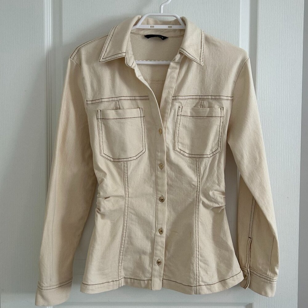 Zara Cream Contrast Stitch Button-Front Fitted Utility Shirt Blouse XS